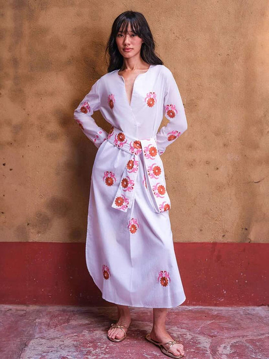 Amethyst Kaftan Vogel 3 - Nimo with Love in Weiß, Vogel Stickerei, luftig, knöchellang