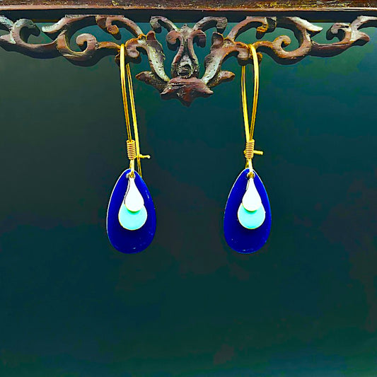 Blautropfen r - Emaille Ohrringe: Ohrhaken vergoldet, 3 Emailletropfen