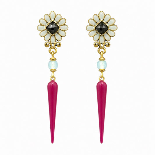 Blumenspitze - Mojo Goldene Ohrringe: Blütenohrstecker Antik, Aquamarin, rote Emaillespitze