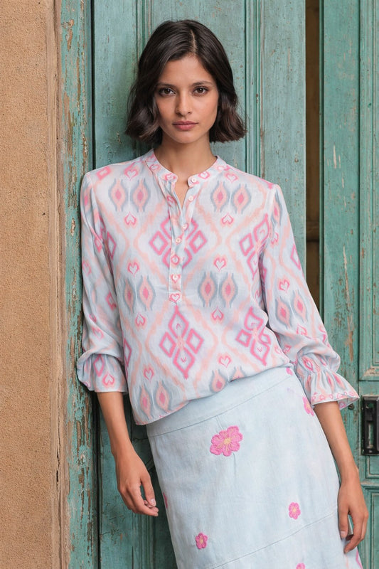 Boho Leinenbluse Damen Broom iKat Sorbet 4m mit Stehkragen - Nimo with Love