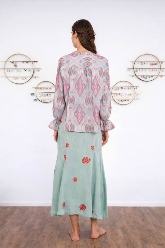 Broom Bluse Sorbet bm - Nimo with Love, Leinenbluse iKat Muster, Rüschenärmel
