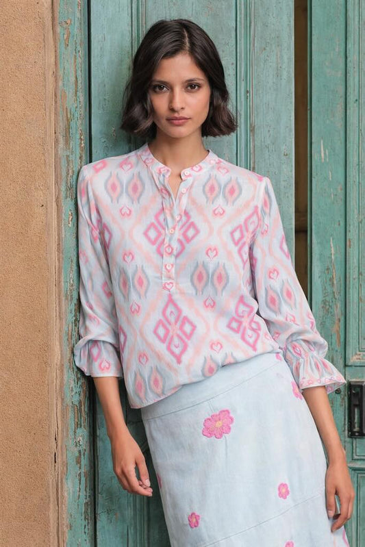 Broom Bluse Sorbet l - Nimo with Love, Leinenbluse iKat Muster, Stehkragen