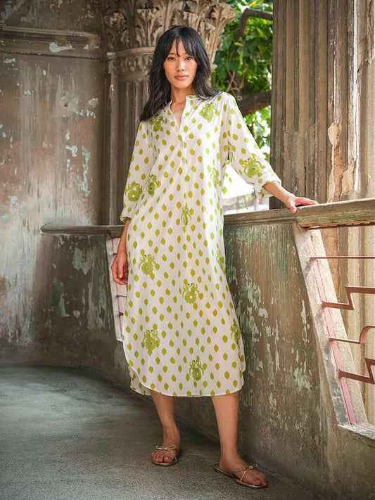 Cedar Kaftan Voegel - Nimo with Love, weiß grüne Punkte, Vogelstickerei, Baumwolle