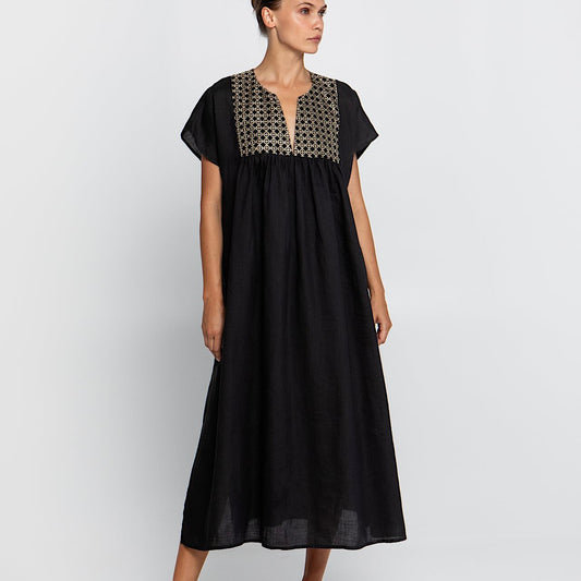 Cross Kleid Schwarz - Kori: Midischnitt, Ramie, Schwarz, Goldstick, Kurzarm