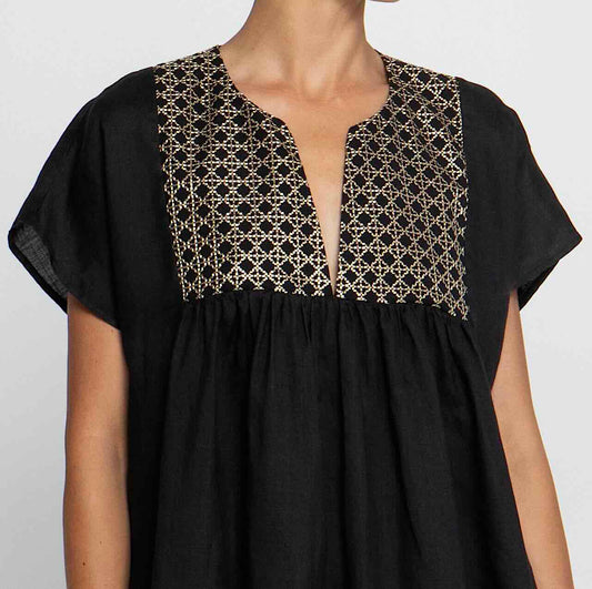 Cross Kleid Schwarz 5 - Kori: Midischnitt, Ramie, Schwarz, Goldstick, Kurzarm