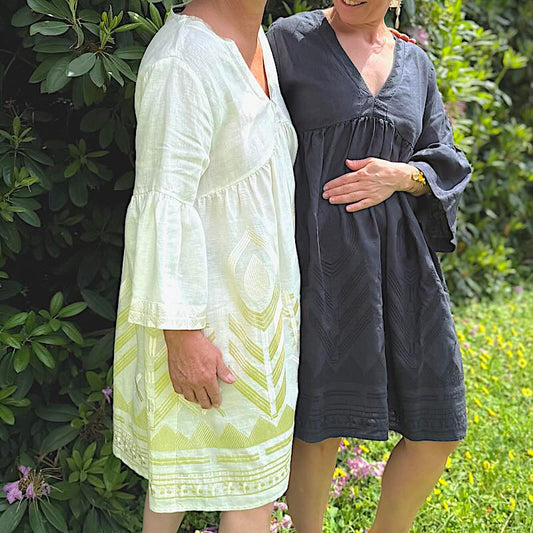 Feder Kleid natur 2 - Kori: Midikleid, Leinen, Stickereien, Ärmel