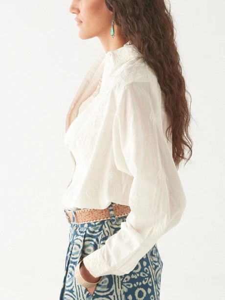 Ganges Bluse creme 4 - Maison Hotel: Baumwolle, Sickereien, Knopfleiste, Hemdkragen