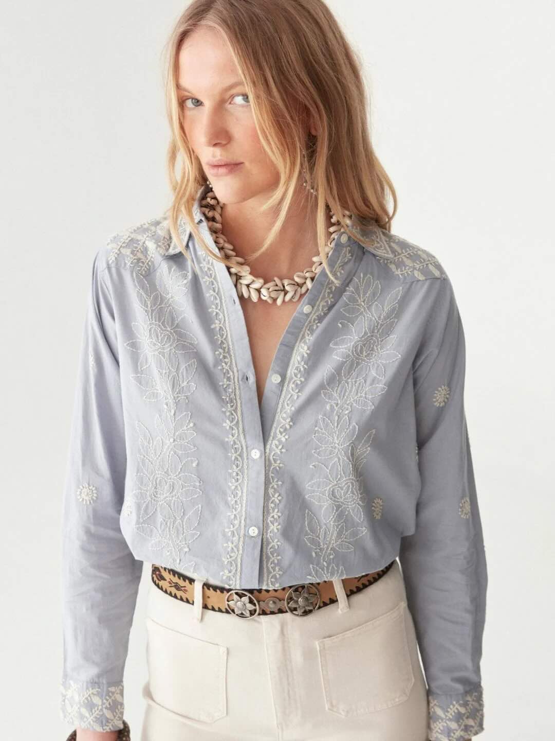 Ganges Bluse indigo 3 - Maison Hotel: Baumwolle, Bestickt, Langarm