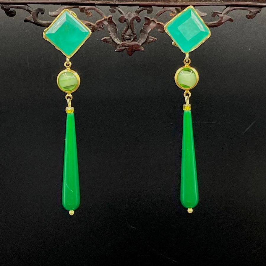 Grüne Tropfen - Mojo Goldene Ohrringe: Chrysopras, Swarovski, Kunstharz