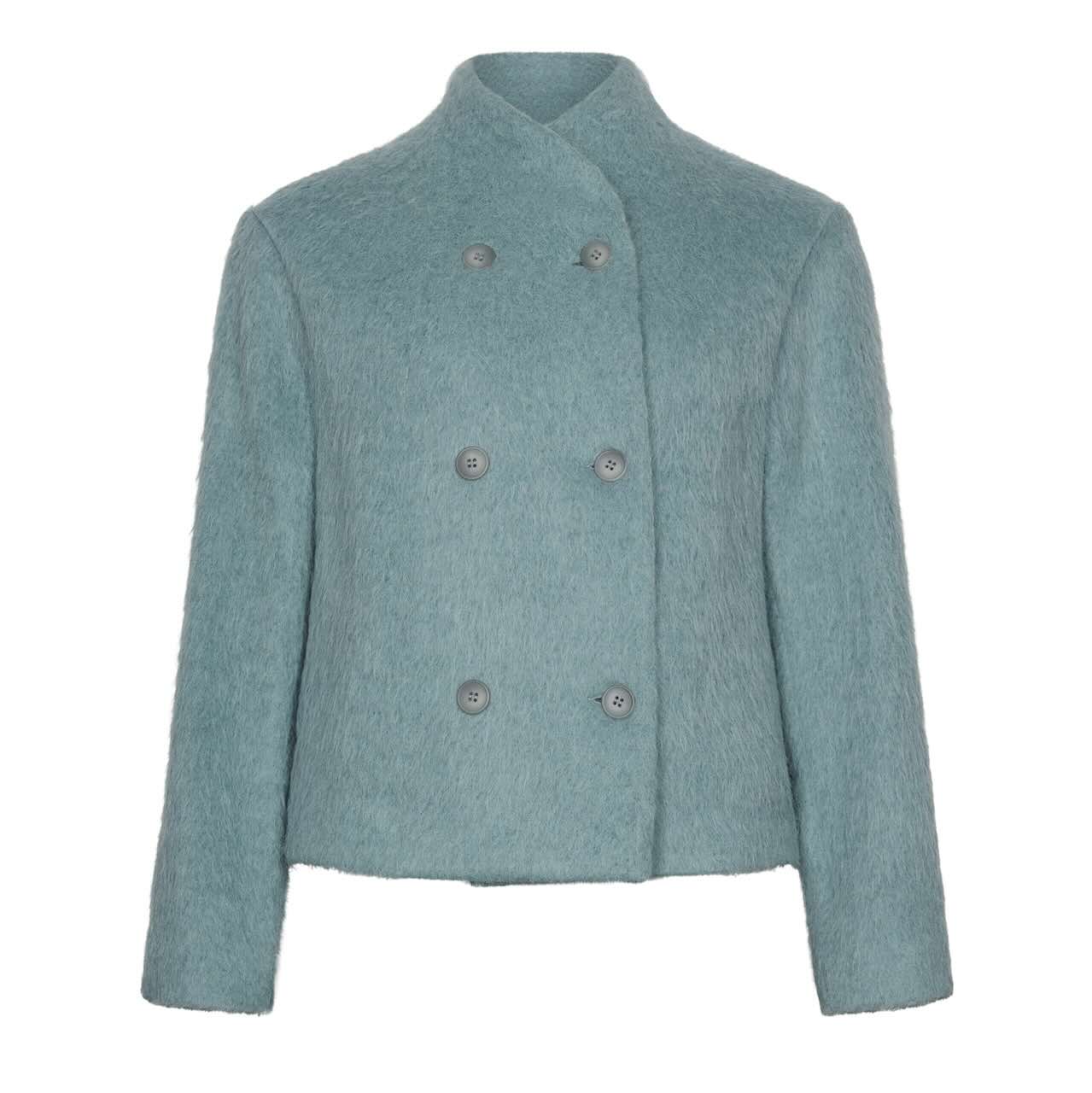 JunJacke-JapanTKY: Eisblaue Wolljacke, Zweireiher, Tulpenkragen