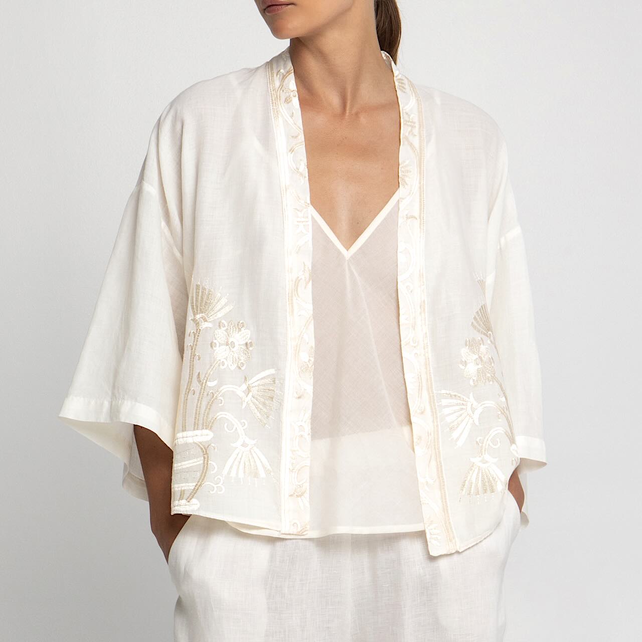 Kimono Jacke natur - Kori: Kurzjacke, Ramie, Stickereien, Tulpenärmel