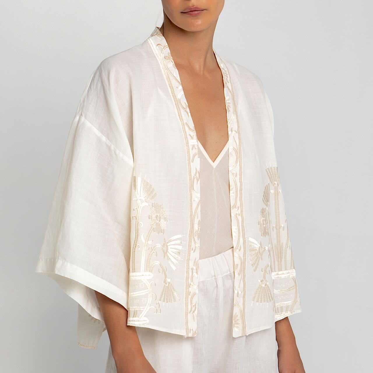Kimono Jacke natur 2 - Kori: Kurzjacke, Ramie, Stickereien, Tulpenärmel