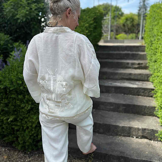 Kimono Jacke natur 6 - Kori: Kurzjacke, Ramie, Stickereien, Tulpenärmel