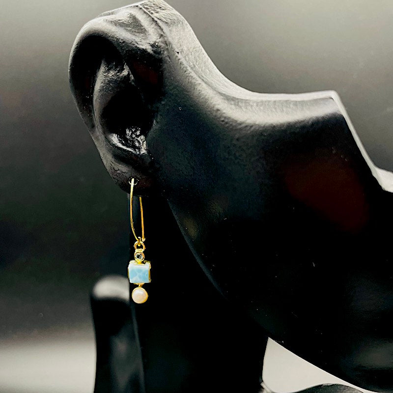 Larimarperle o - Vergoldete Ohrringe: Ohrhaken, Bergkristall, Larimar, Perle