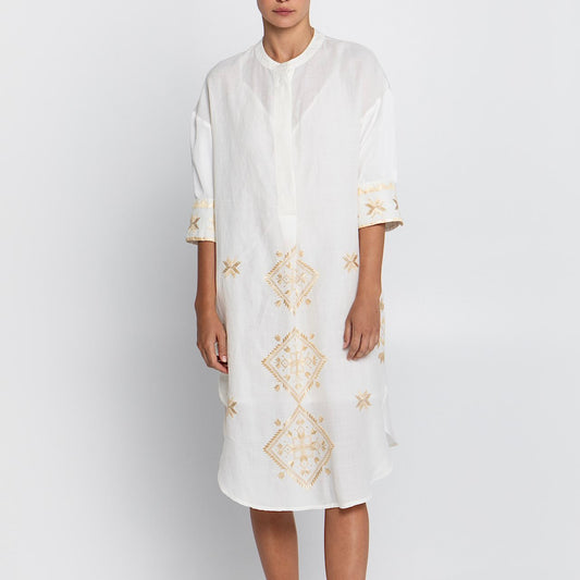 Lefkada Hemdkleid weiss - Kori, Halblang, Ärmel, Rundhals, Goldstick