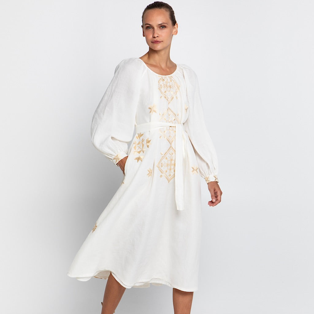 Lefkada Kleid 2 - Kori: MidiKleid, Ramie, Stickereien, Ärmel, Gürtel, Taschen