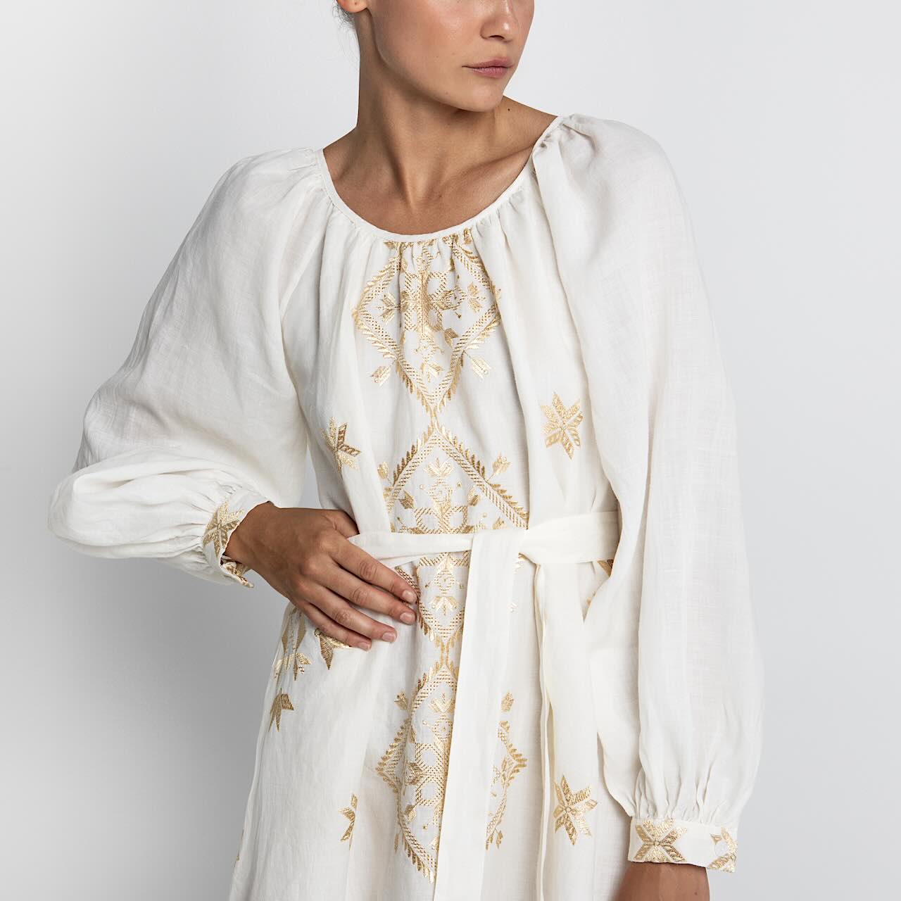Lefkada Kleid 3 - Kori: MidiKleid, Ramie, Stickereien, Ärmel, Gürtel, Taschen