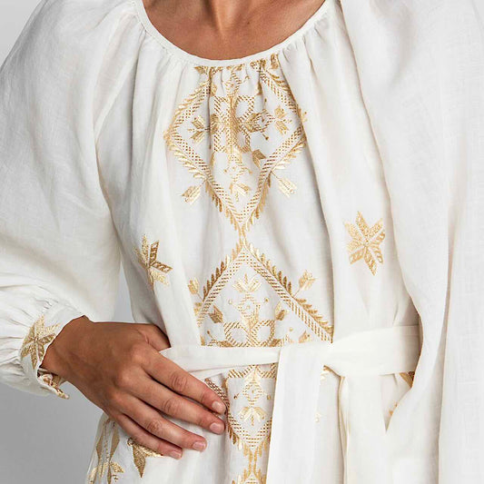 Lefkada Kleid 5 - Kori: MidiKleid, Ramie, Stickereien, Ärmel, Gürtel, Taschen