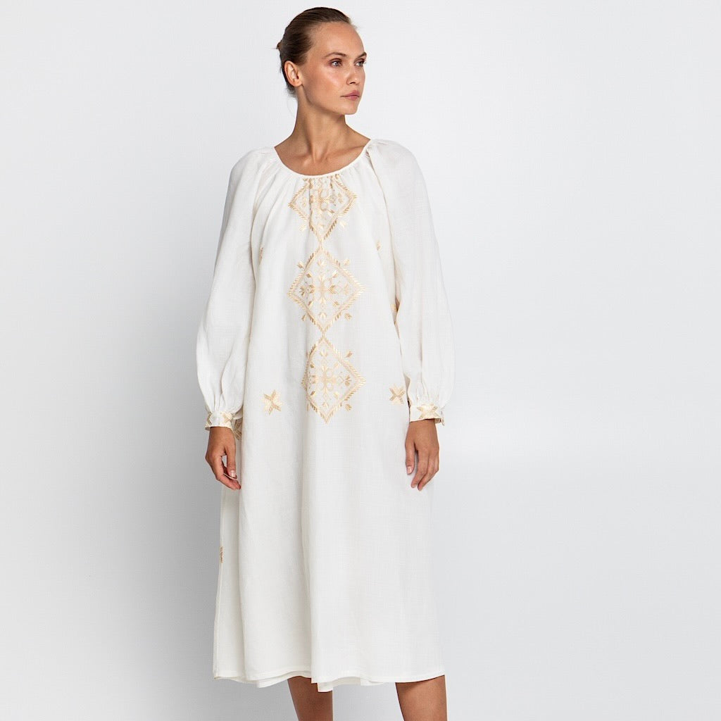 Lefkada Kleid - Kori: MidiKleid, Ramie, Stickereien, Ärmel, Gürtel, Taschen