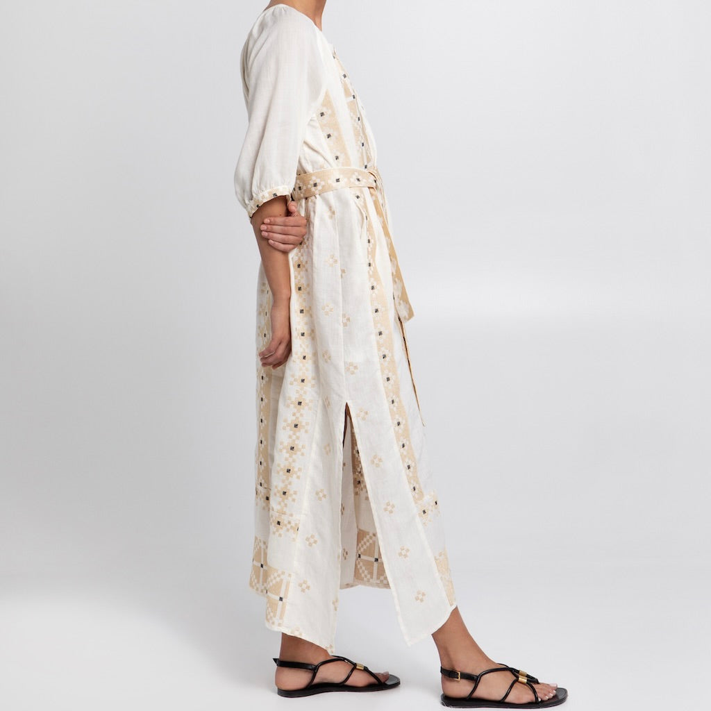 Pixel Kleid creme 3 - Kori: Midikleid, Leinen, Stickereien, Gürtel