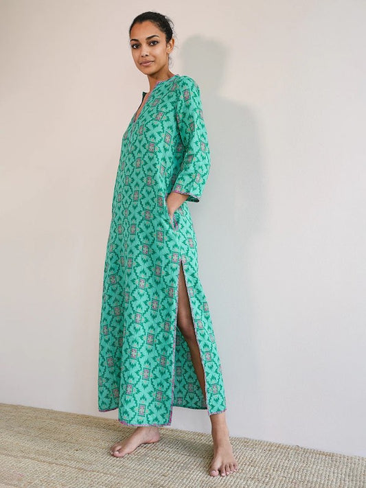Sapphire Kaftan ikat grün - Nimo with Love: Leinen, bestickt, Schlitze