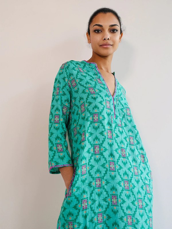 Sapphire Kaftan ikat grün 4 - Nimo with Love: Leinen, bestickt, Schlitze