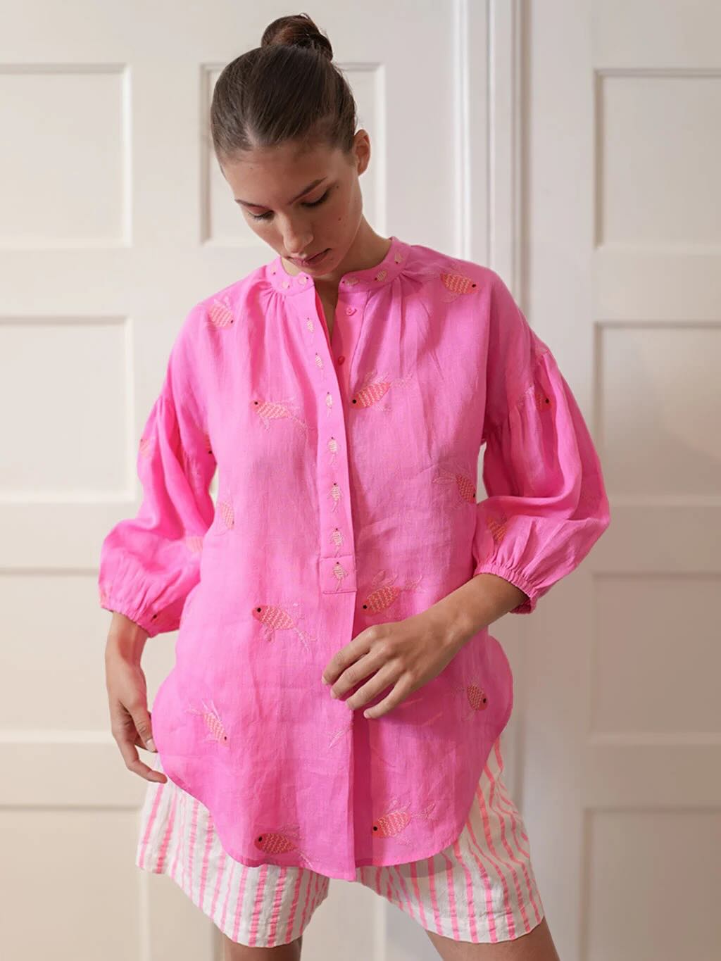 Sassafras Bluse PINK FISH - Nimo with Love: Leinen, Oversize, geknöpft