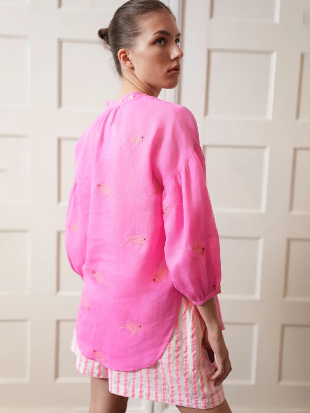 Sassafras Bluse pink Fish 2 - Nimo with Love: Leinen, Oversize, geknöpft