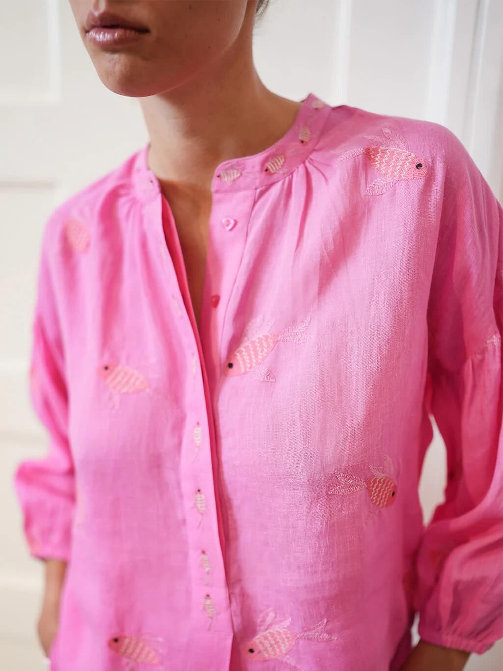 Sassafras Bluse pink Fish 3 - Nimo with Love: Leinen, Oversize, geknöpft