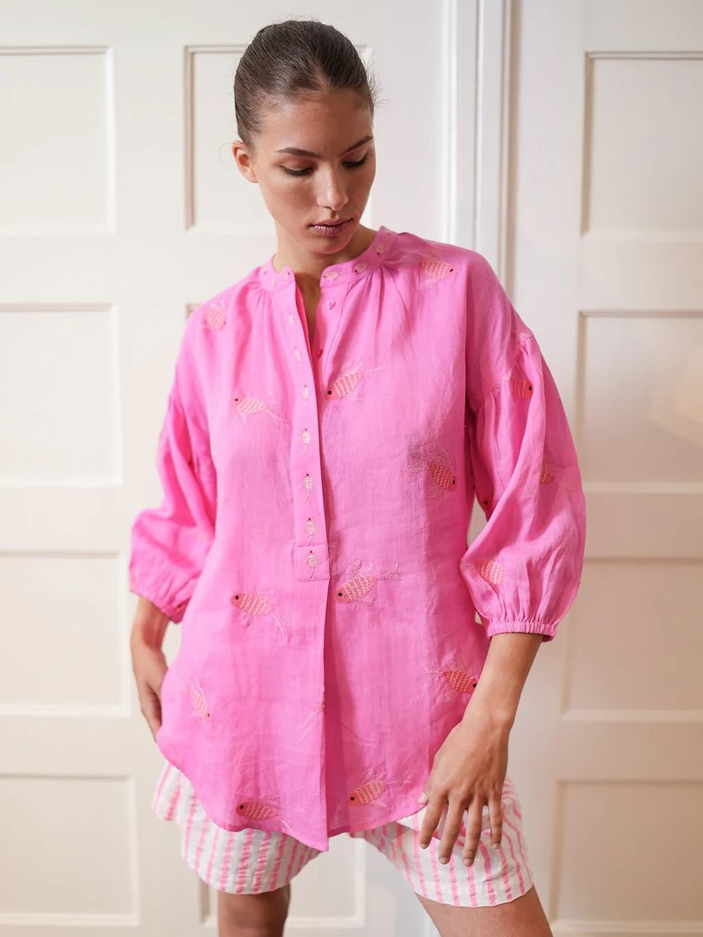 Sassafras Bluse pink Fish 4 - Nimo with Love: Leinen, Oversize, geknöpft