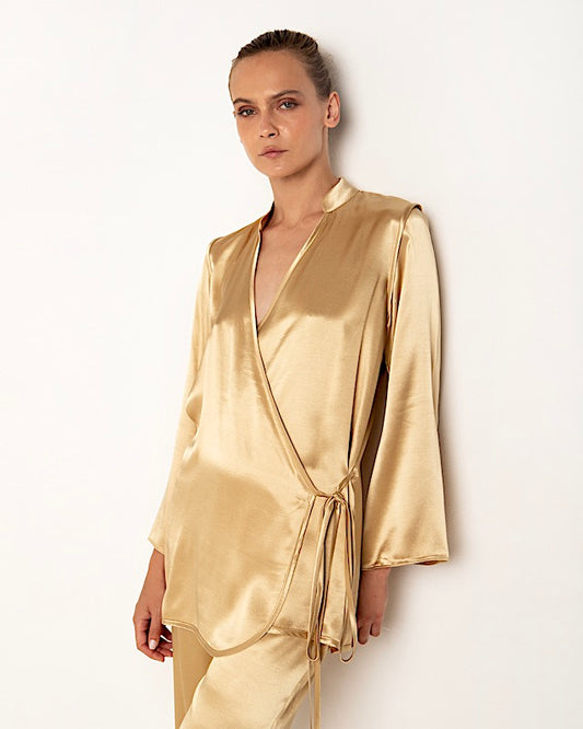 Satin Bluse Gold 1 - Kori: fliessende Langbluse, Tulpenärmel