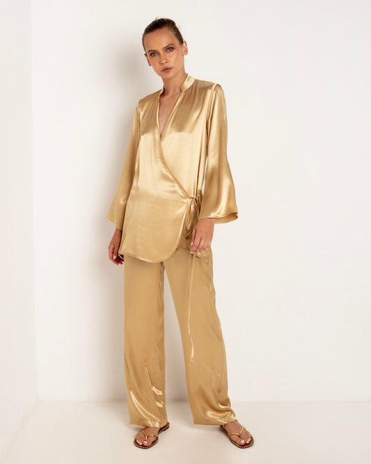 Satin Bluse Gold 2 - Kori: fliessende Langbluse, Tulpenärmel