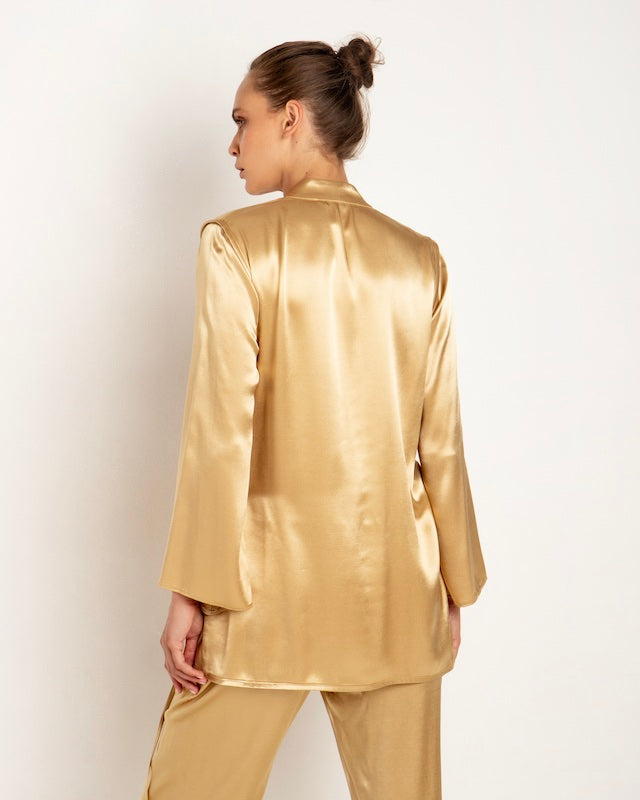 Satin Bluse Gold 3 - Kori: fliessende Langbluse, Tulpenärmel