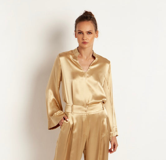 Satin Bluse Gold classic - Kori: Schlüpfbluse, Tulpenärmel, V-Ausschnitt