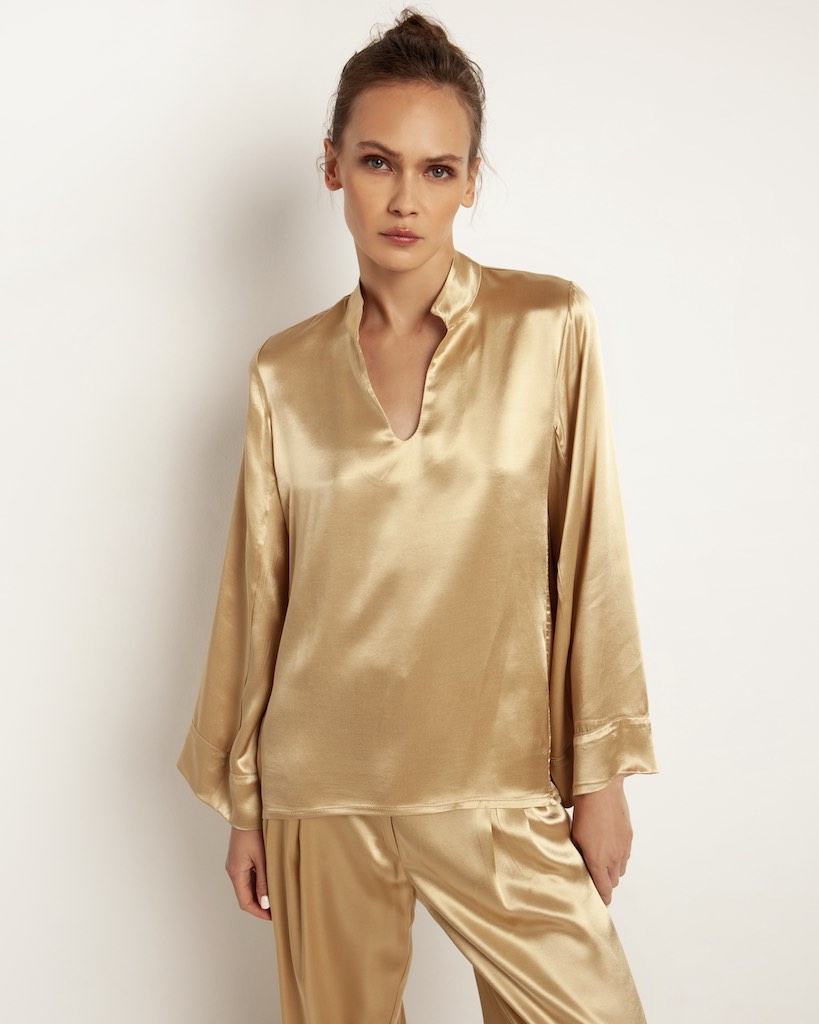 Satin Bluse Gold classic 2 - Kori: Schlüpfbluse, Tulpenärmel, V-Ausschnitt