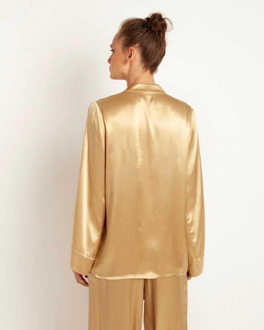 Satin Bluse Gold classic 3 - Kori: Schlüpfbluse, Tulpenärmel, V-Ausschnitt