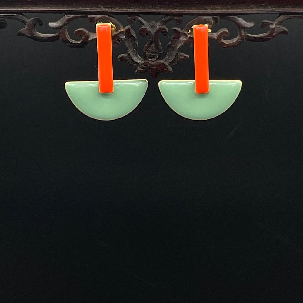 Türkis Rot 2- Emaille Ohrringe: Ohrstecker rot, Halbkreis türkis