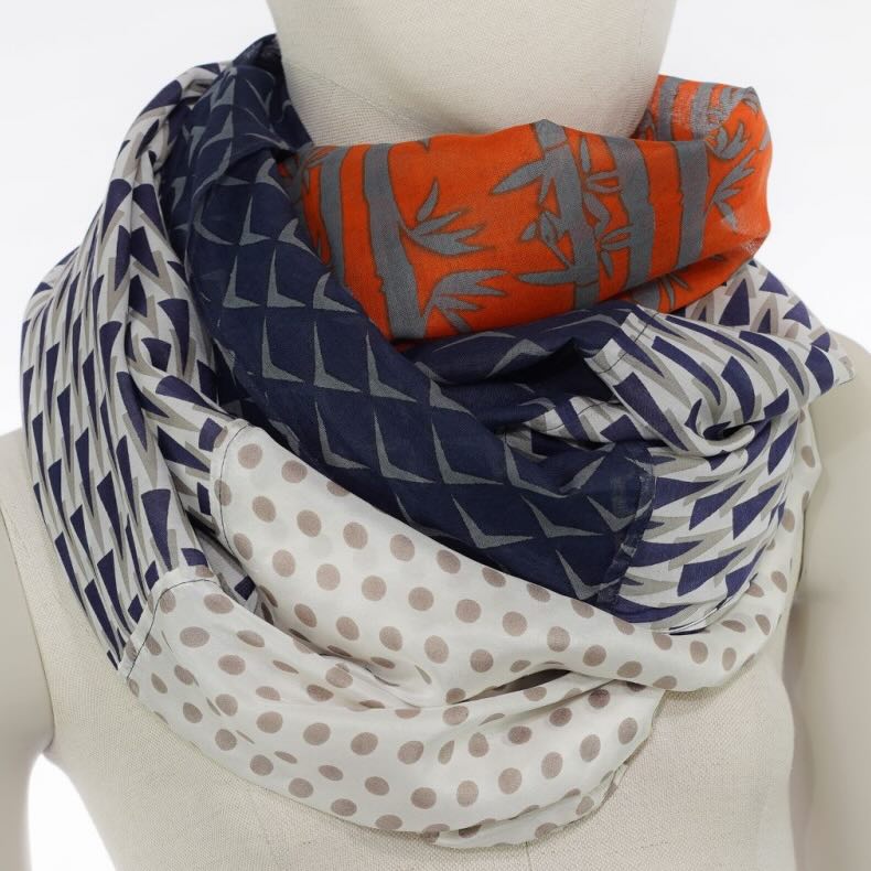 Ahmaddy Seiden Baumwollschal blau orange weiß 3Patch Schal mit multi Muster drapiert