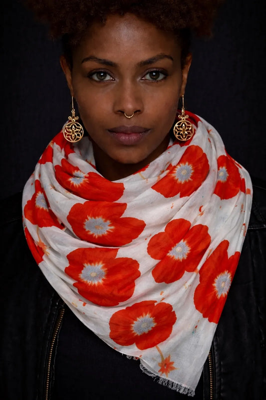 Ahmaddy Seidenschal - Mohn, Poppy: Orange Mohnblüten auf helltürkis, reine Seide