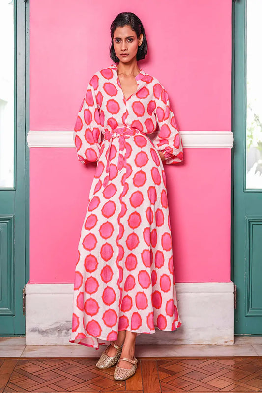 Boho Maxikleid Ikat pink orange, Nimo with Love – luftiges Sommerkleid mit Bindegürtel, weiter Schnitt