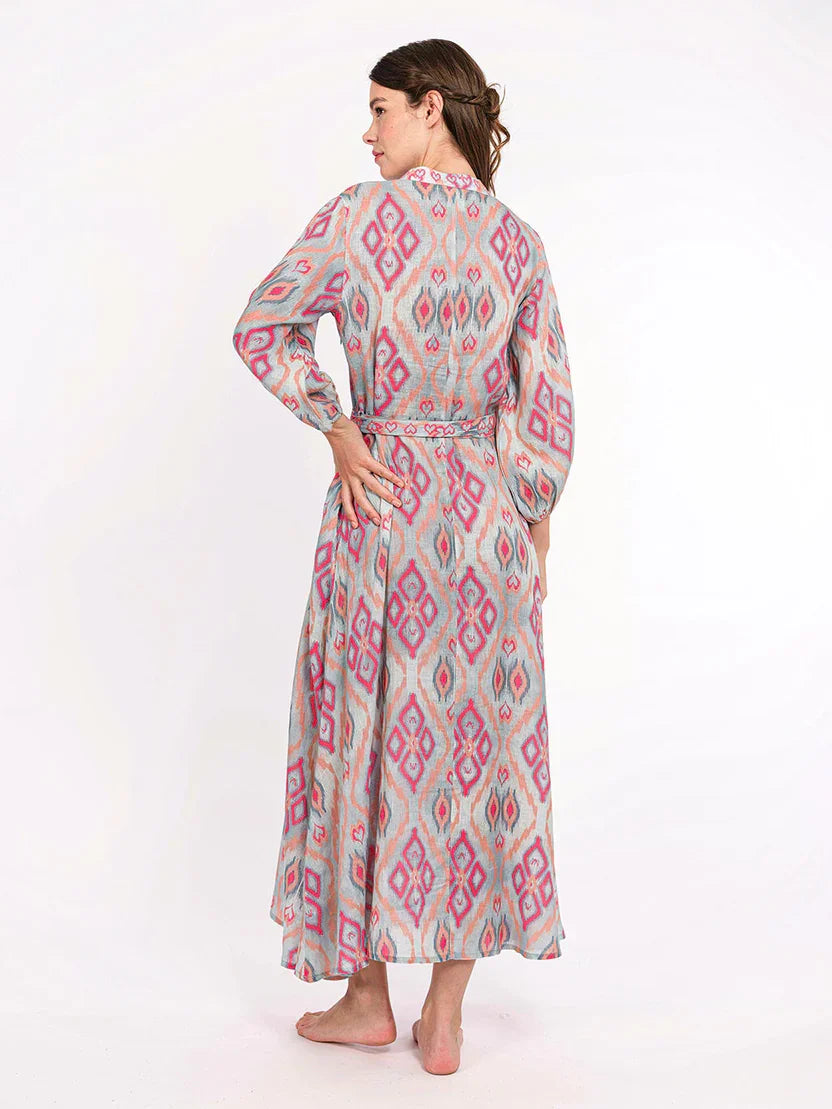 Marigold Kleid, Nimo with Love, Ikat Sorbet Print, femininer Schnitt, fließender Stoff