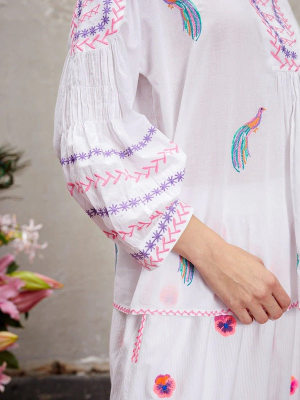 Magnolia Bluse white Bird d - Nimo: Baumwolle, Paradiesvogel, Kragen