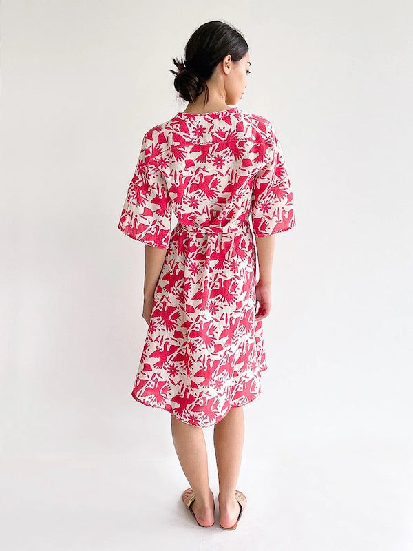 Oleander Kleid Red Bird b - Nimo with Love: knielang, Leinen, Halbarm, Gürtel, Taschen