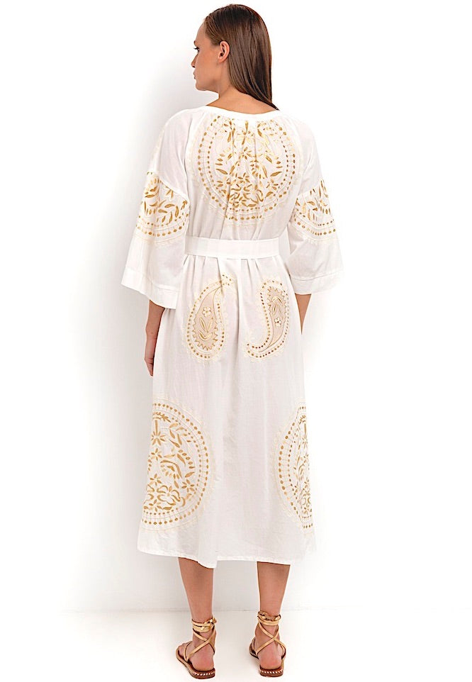 Paisley Kleid lang b - Kori: Leinen, Rund-, V-Ausschnitt, Gürtel, Taschen, Goldstickerei
