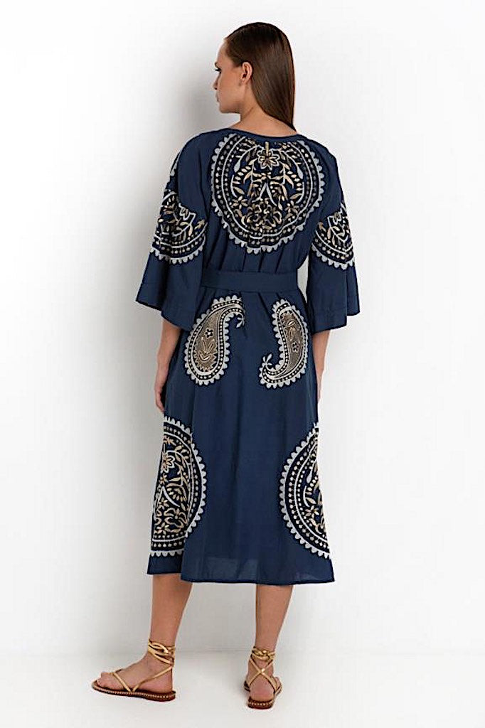 Paisley Kleid lang bbl - Kori: Leinen, Rund-, V-Ausschnitt, Gürtel, Taschen, Goldstickerei