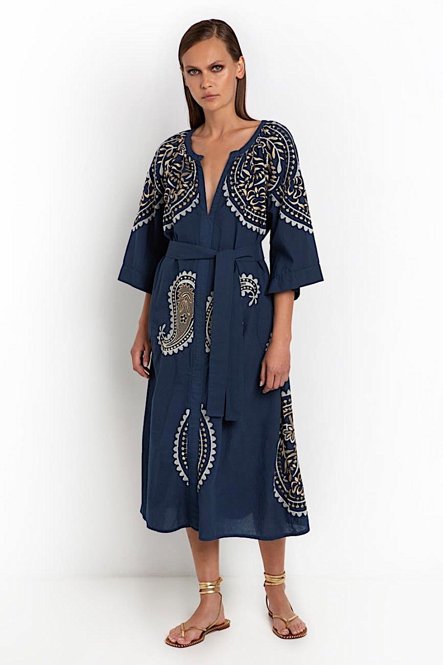 Paisley Kleid lang bl - Kori: Leinen, Rund-, V-Ausschnitt, Gürtel, Taschen, Goldstickerei