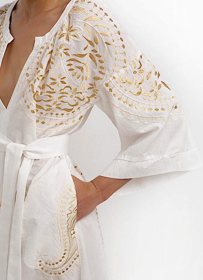 Paisley Kleid lang d - Kori: Leinen, Rund-, V-Ausschnitt, Gürtel, Taschen, Goldstickerei