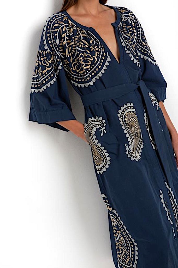 Paisley Kleid lang sbl - Kori: Leinen, Rund-, V-Ausschnitt, Gürtel, Taschen, Goldstickerei