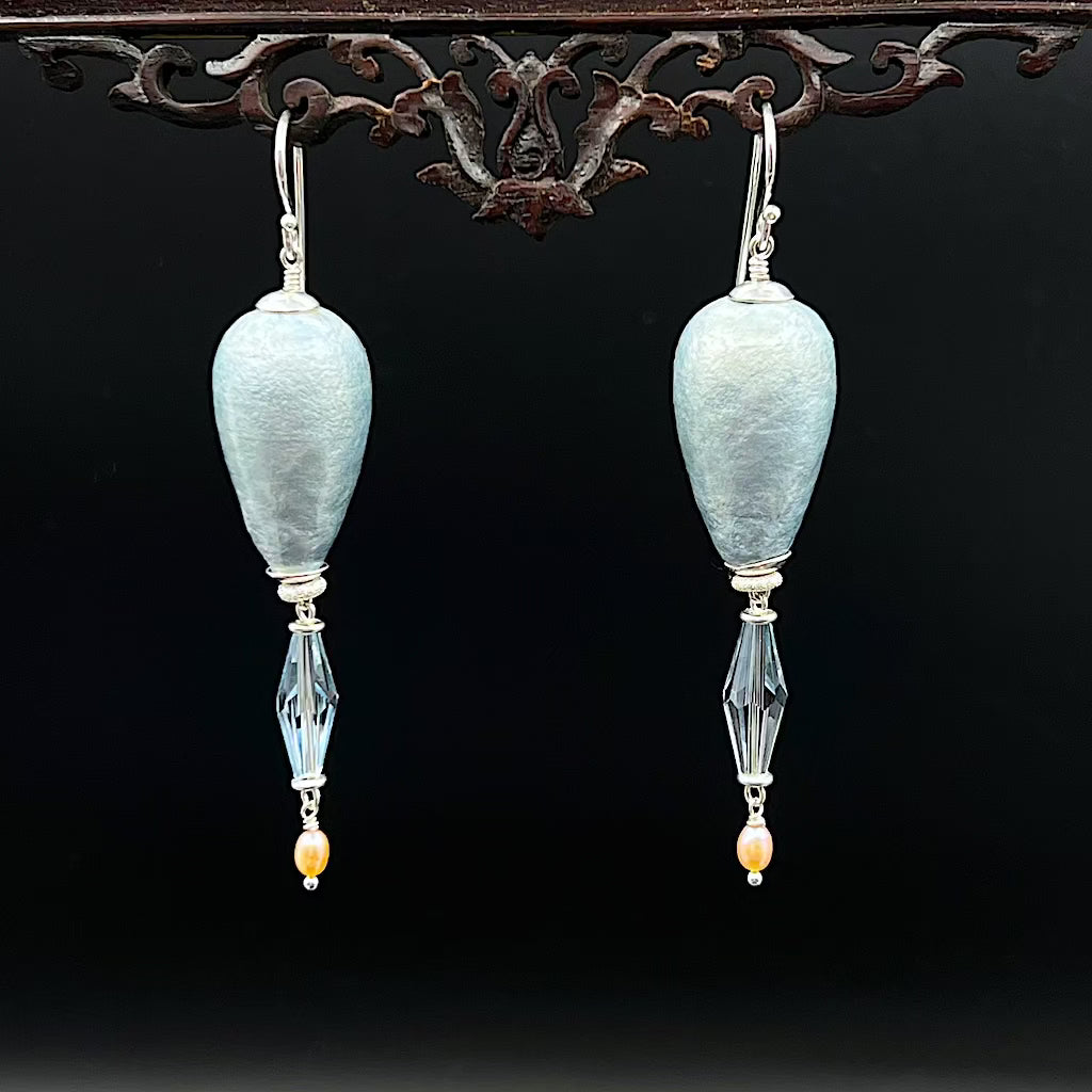 Papierballon br - Silber Ohrringe: Silberhaken, Papierperle, Swarovski Rombe, Perle