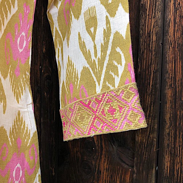 Sapphire Kaftan o2: Leinen, bestickt, Stehkragen, 3/4 Ärmel, Schlitze